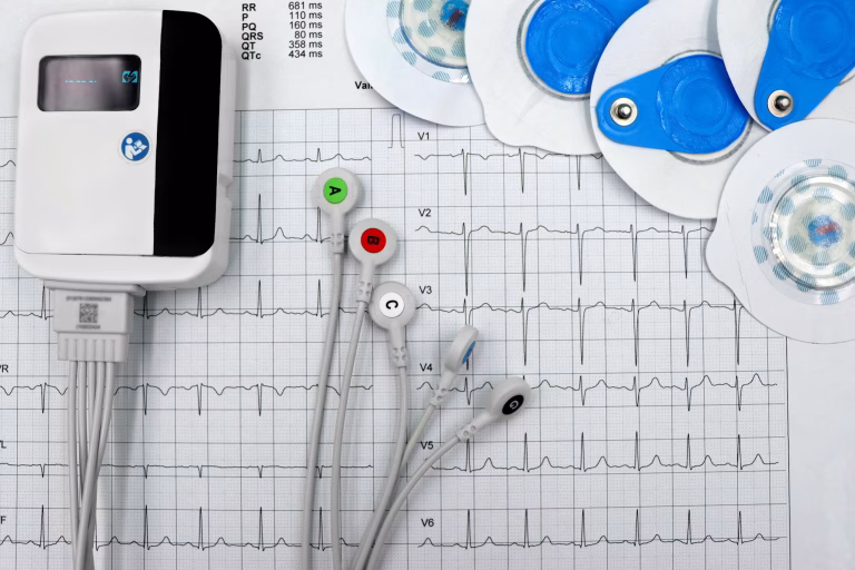 Close up of ECG device with leads and electrodes on printed heart rate graph, showcasing medical technology 