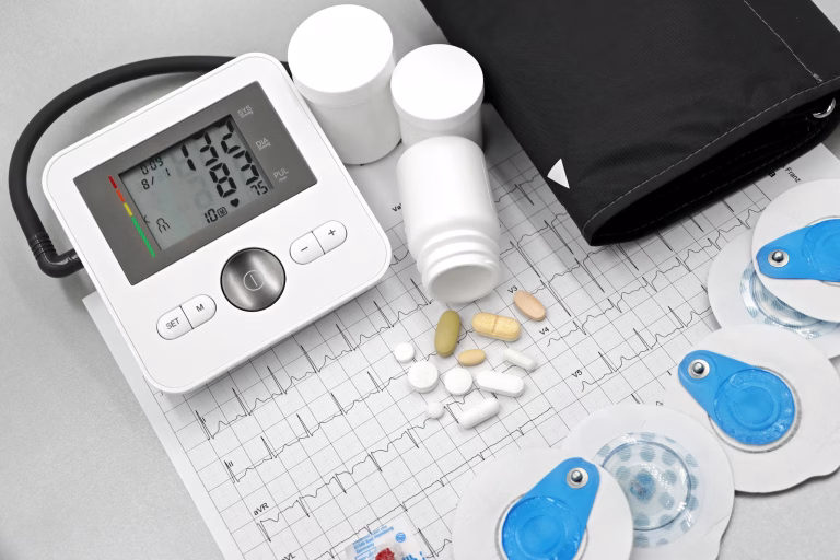 Flat lay of blood pressure monitor, pills, and ECG printout for heart health theme 