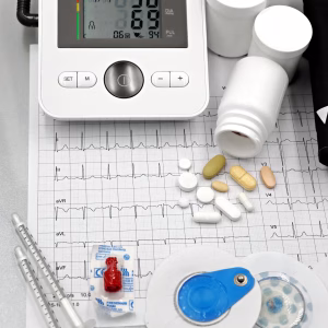 Medical setup featuring blood pressure monitor, pills, syringes, and ECG printout for healthcare themes 
