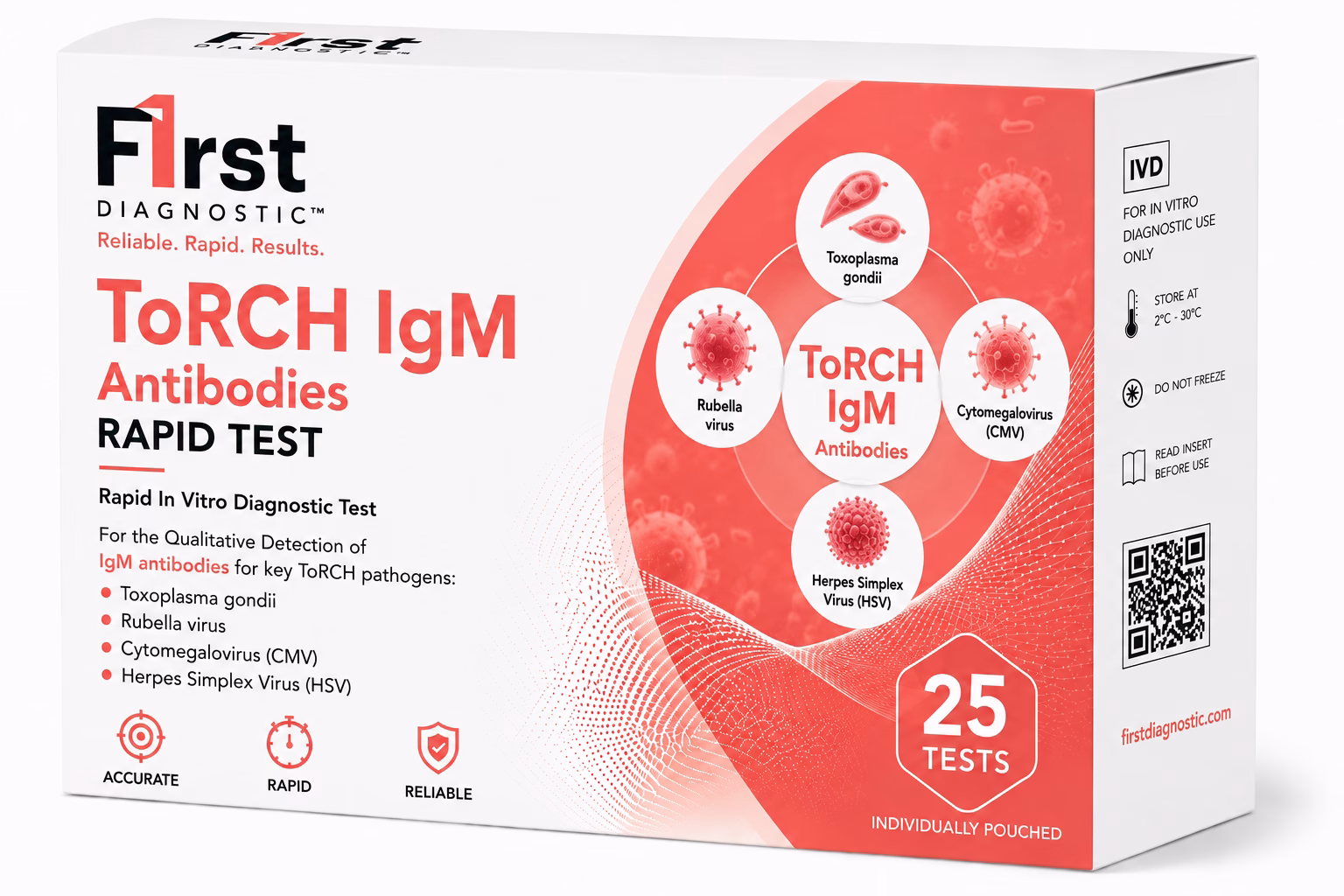 ToRCH IgM Antibodies Rapid Test gM antibodies for key ToRCH pathogens, Toxoplasma gondii, Rubella virus, Cytomegalovirus (CMV), Herpes Simplex Virus (HSV)